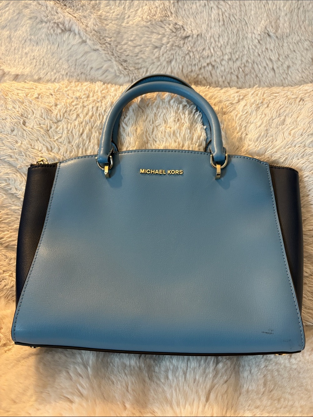 Michael Kors Light Blue and Black Leather Satchel with Gold Hardware